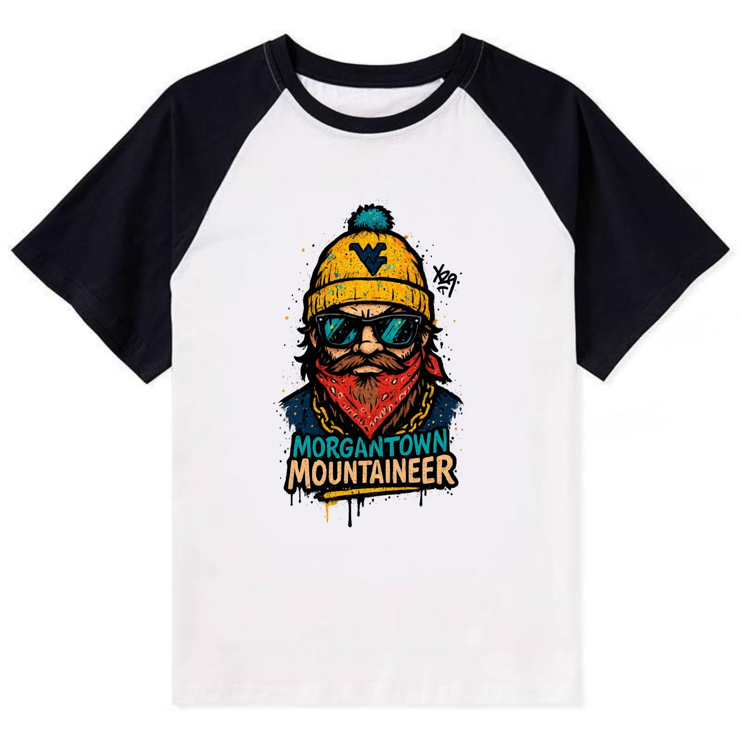 Morgantown Mountaineer wearing West Virginia beanie with WV patch - Contrast Raglan T-shirt - Black