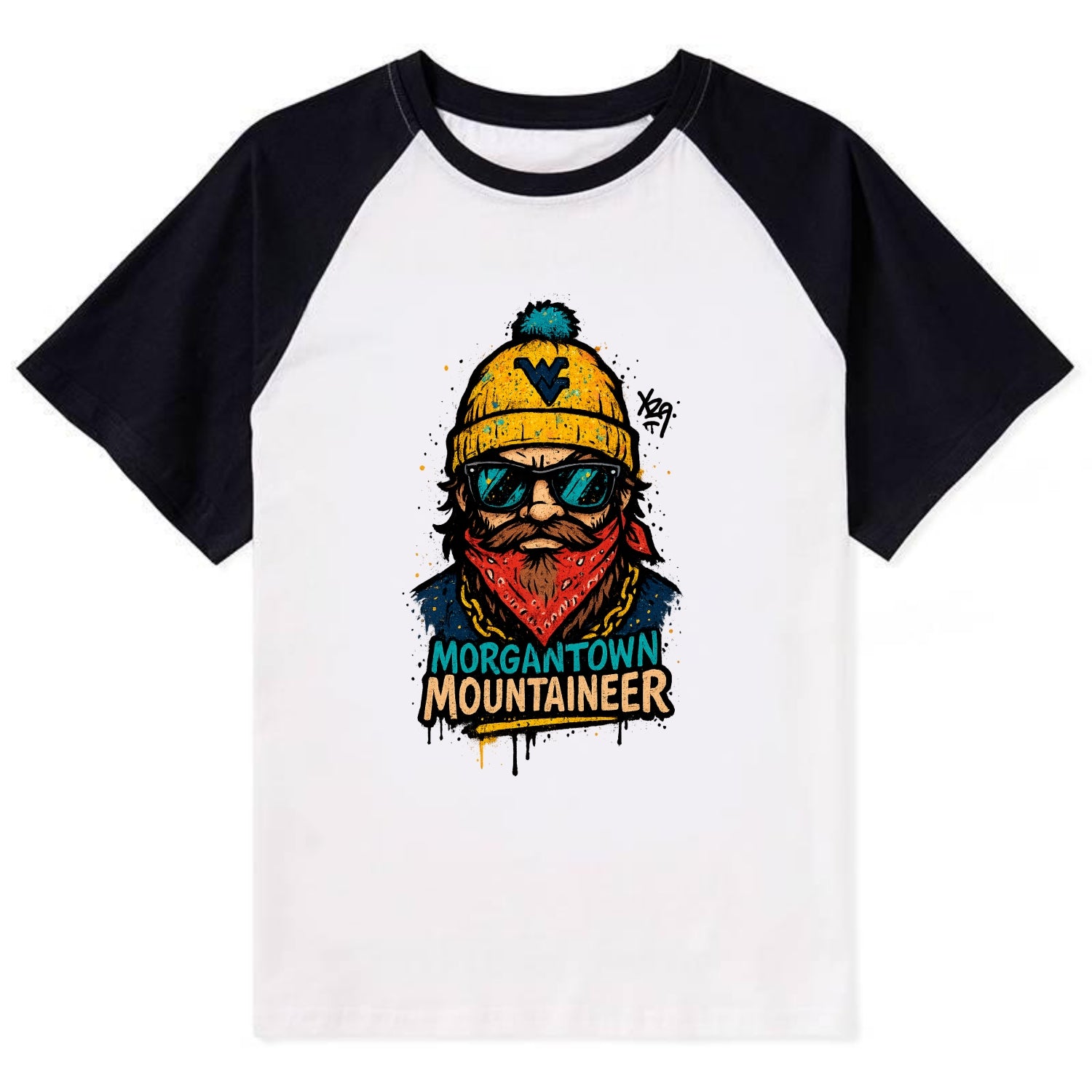 Morgantown Mountaineer wearing West Virginia beanie with WV patch - Contrast Raglan T-shirt - Black