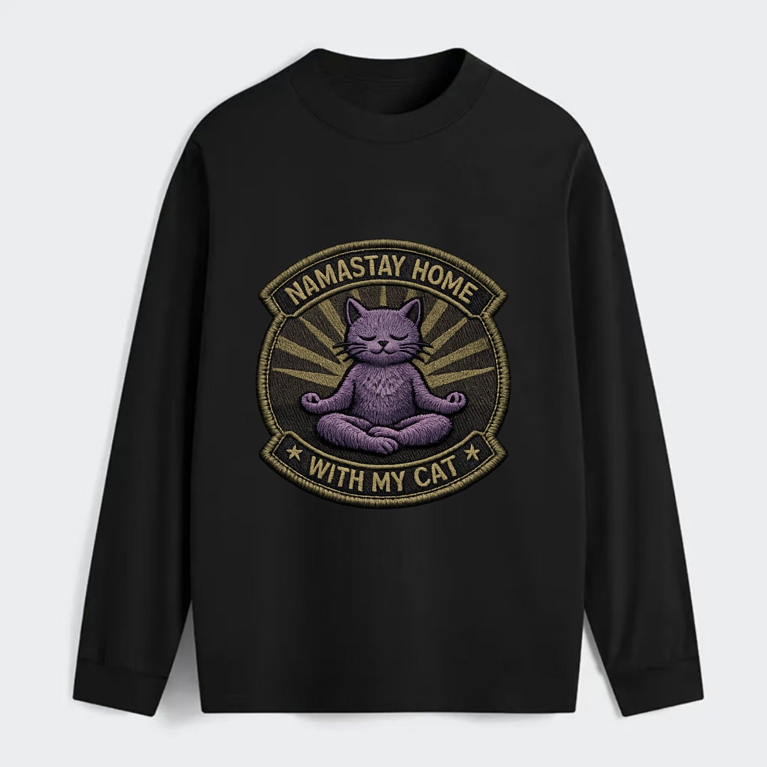 NAMASTAY HOME WITH MY CAT - yoga cat in purple , introvert cat - Classic Long Sleeve Shirt - Black