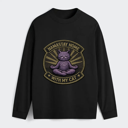 NAMASTAY HOME WITH MY CAT - yoga cat in purple , introvert cat - Classic Long Sleeve Shirt - Black
