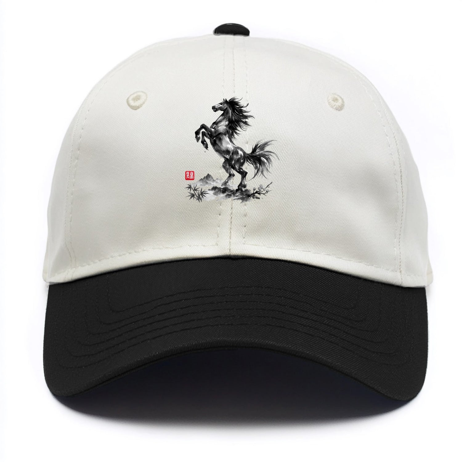 WILD STALLION | Powerful stallion rearing up | Windswept mane and tail | Mountain - Two Tone Cap - Black