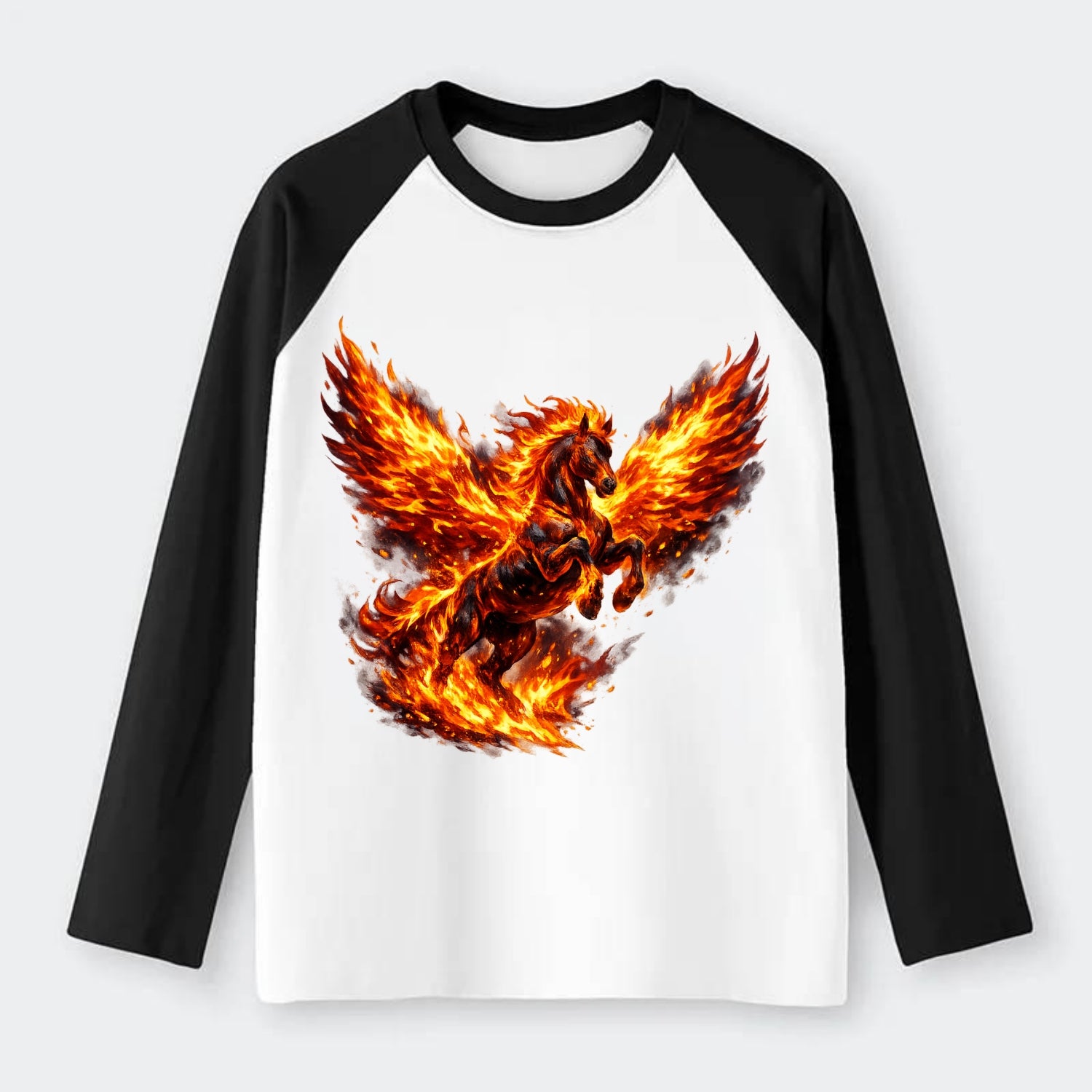 PHOENIX FIRE HORSE | Horse emerging from flames like phoenix | Rebirth - Raglan Long Sleeve T-Shirt - Black