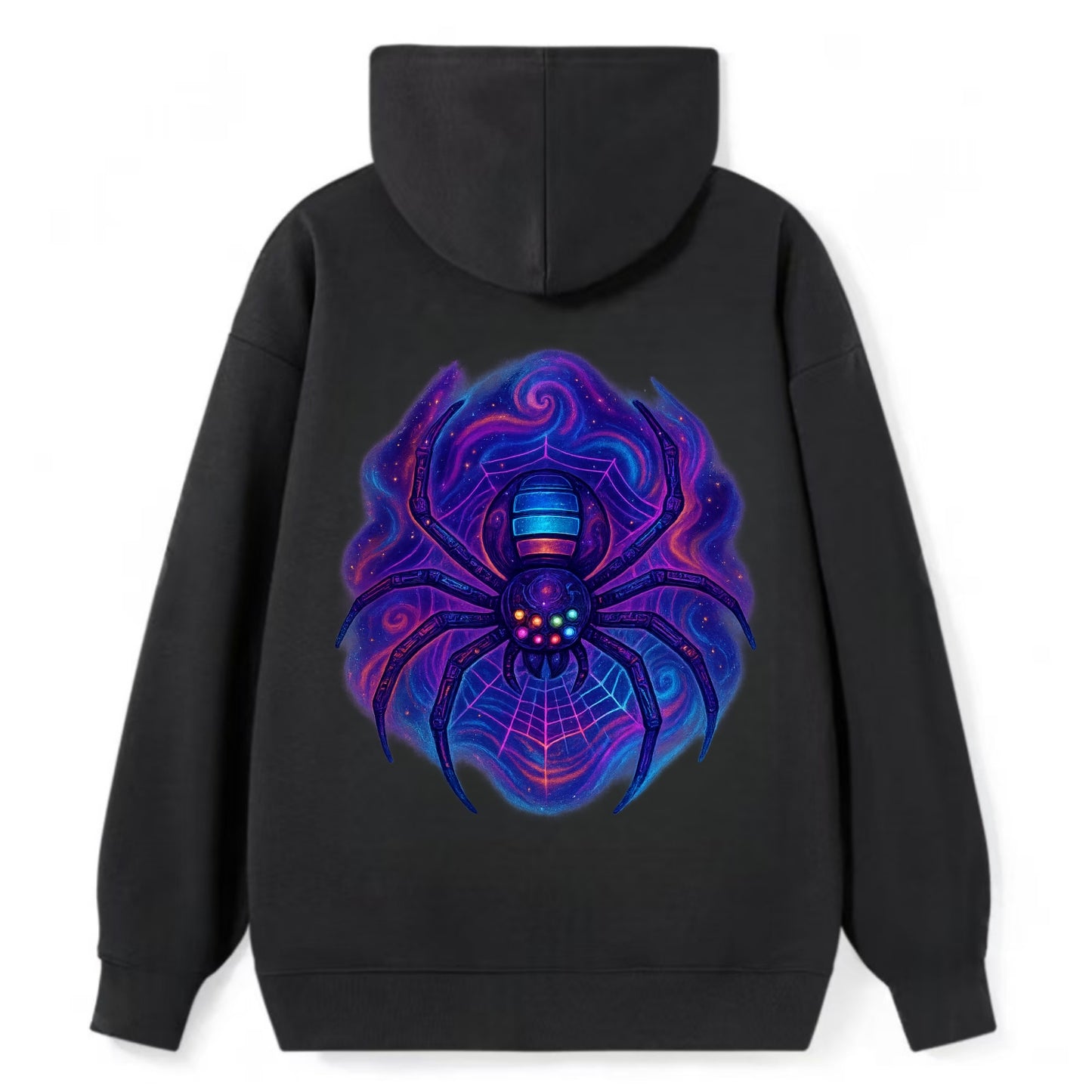Tech spider with legs showing circuit board patterns, web glowing in neon - Classic Pullover Hoodie - Black