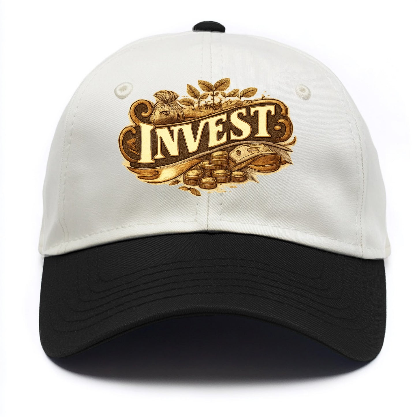 Bold typography design - "INVEST" - growing money, smart decisions - Two Tone Cap - Black