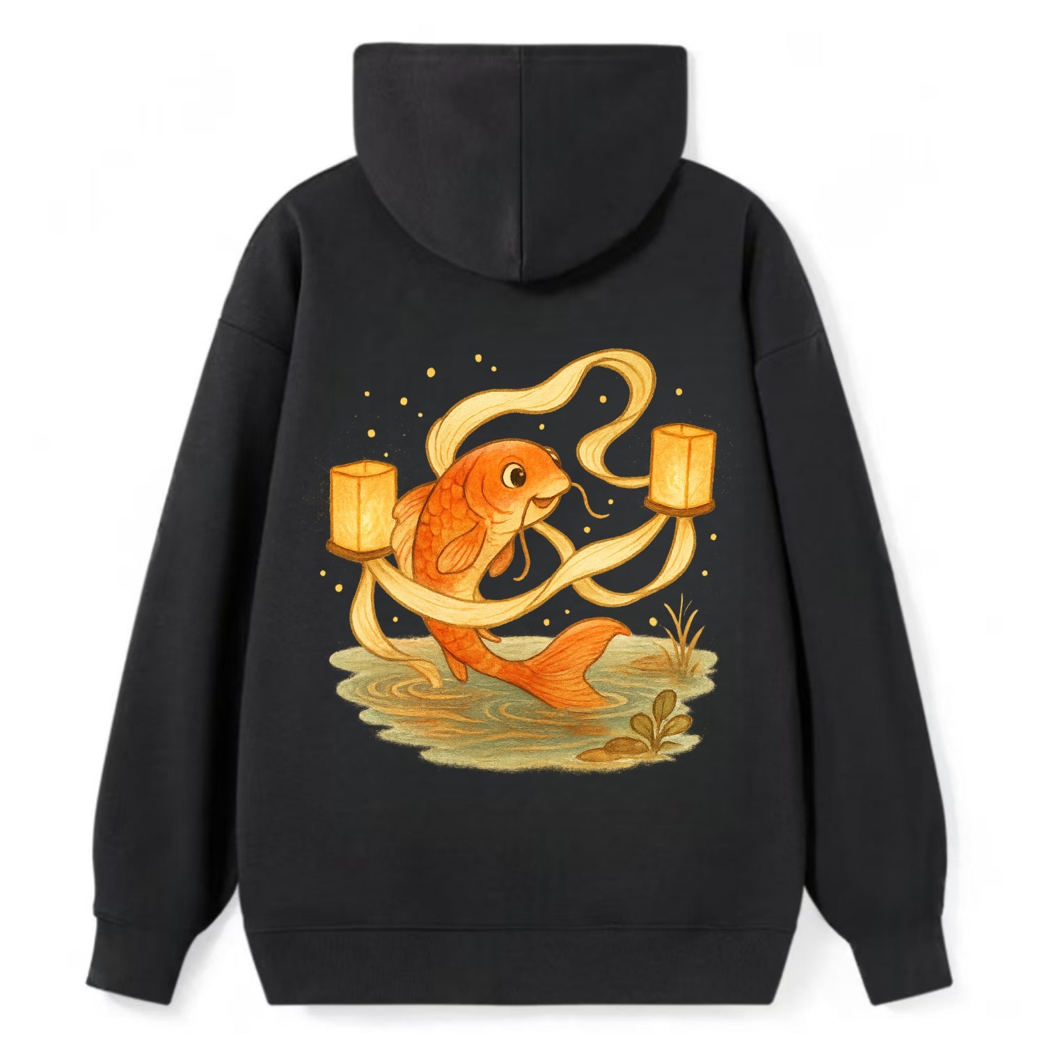 Koi weaving silk streamers through floating lanterns on tranquil water - Classic Pullover Hoodie - Black