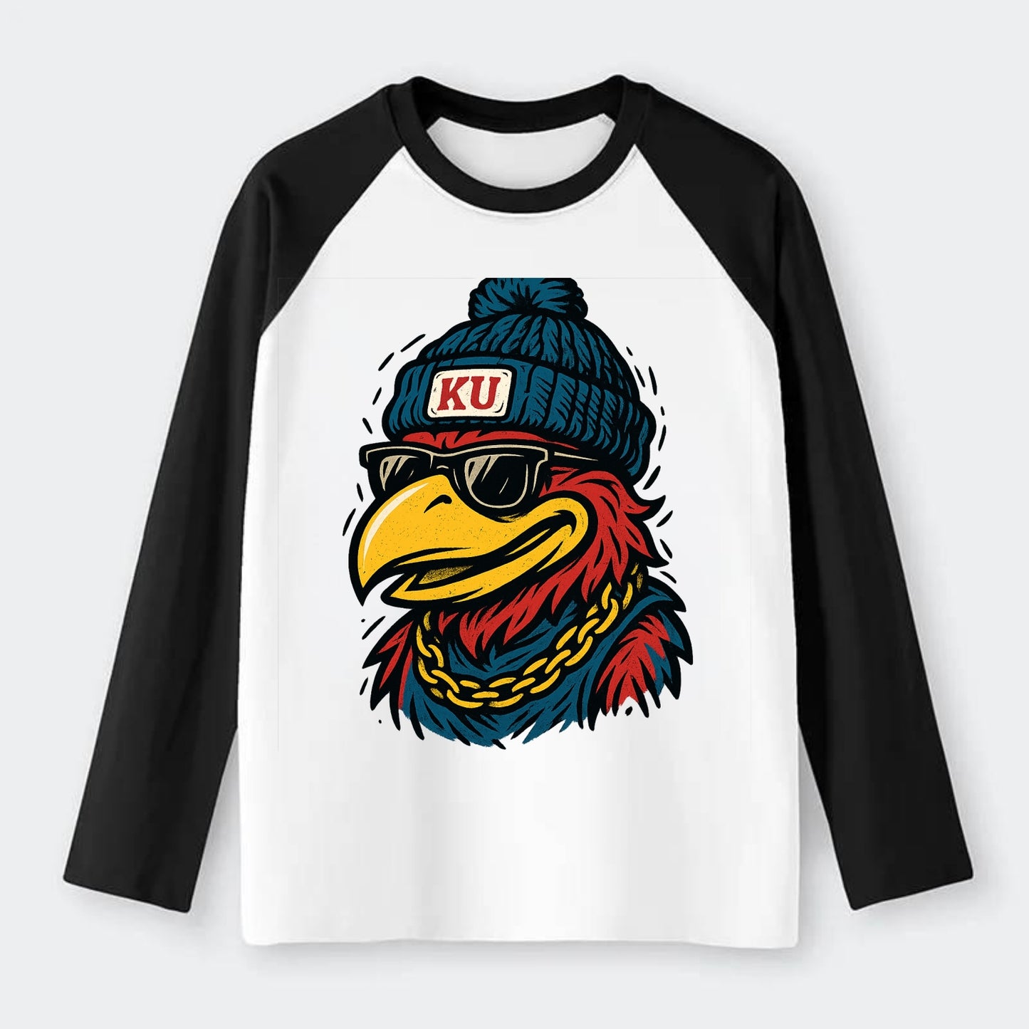 Lawrence Jayhawk wearing Kansas beanie with KU patch - Raglan Long Sleeve T-Shirt - Black