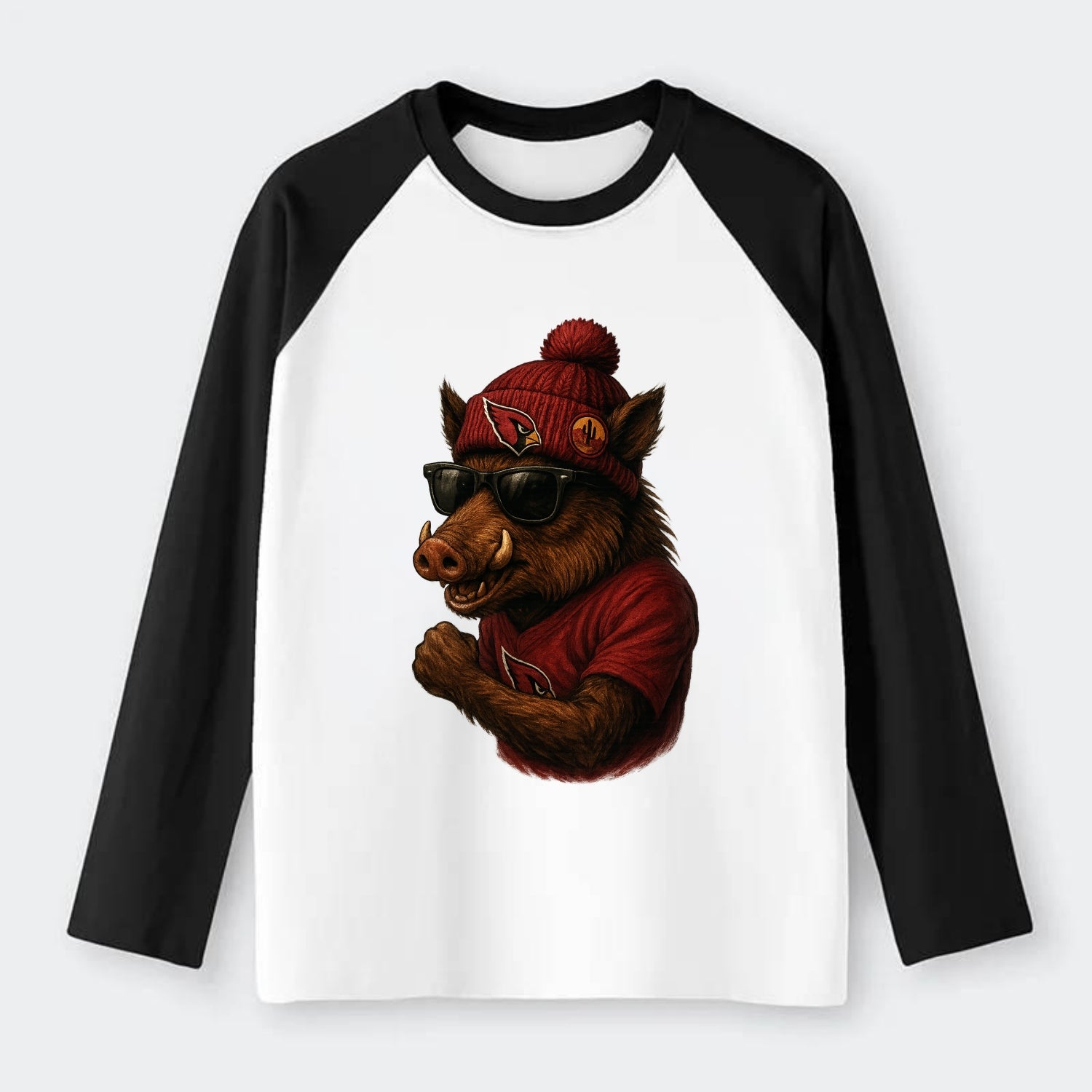 Arizona Javelina wearing Cardinals beanie with desert patch and - Raglan Long Sleeve T-Shirt - Black