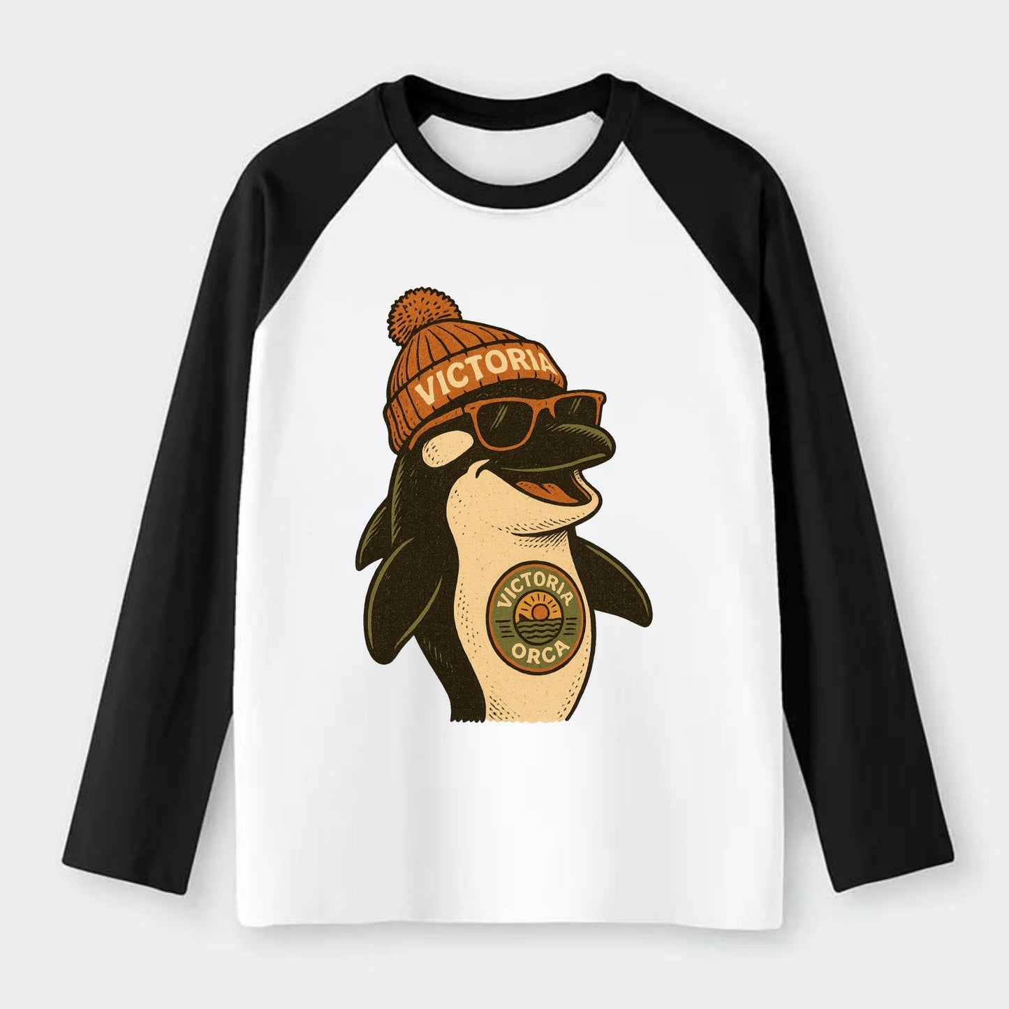 Victoria Orca wearing Victoria beanie wi - Raglan Long Sleeve T-Shirt - Black