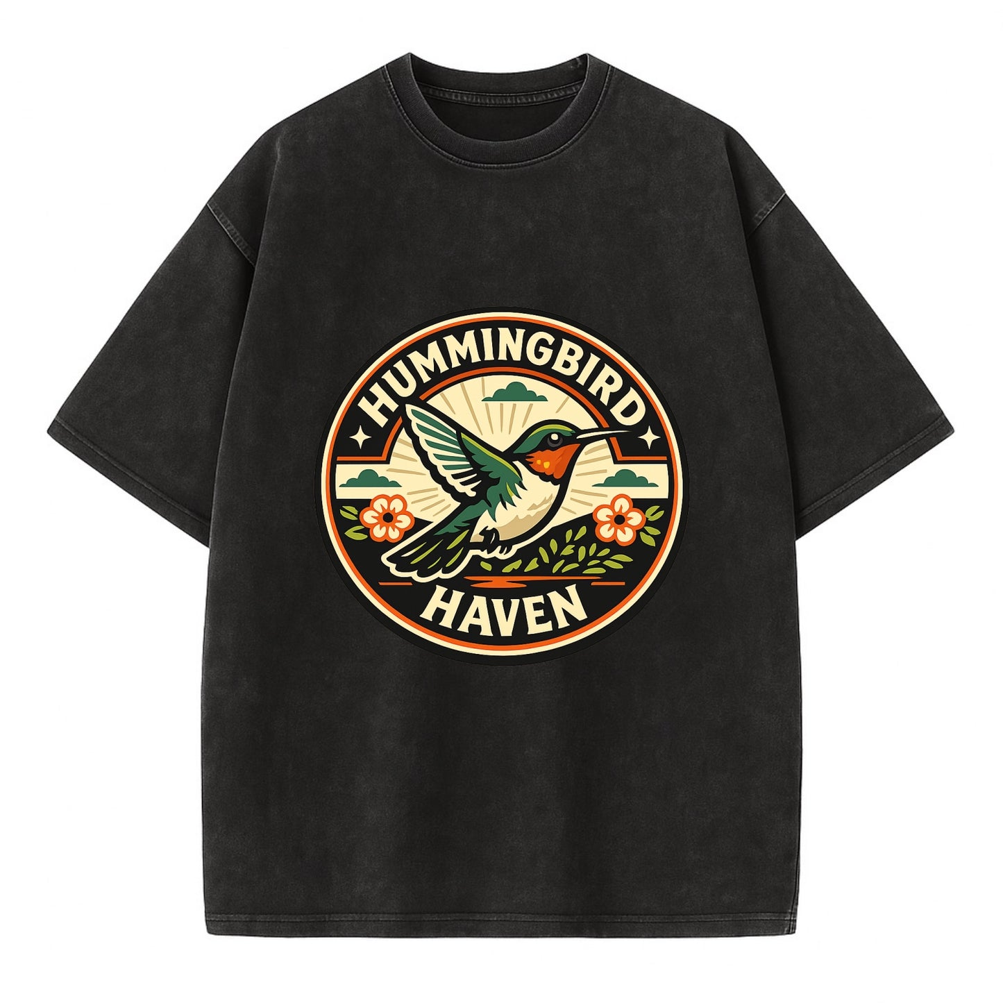 Hummingbird Sanctuary Emblem - Vintage T-shirt - Black