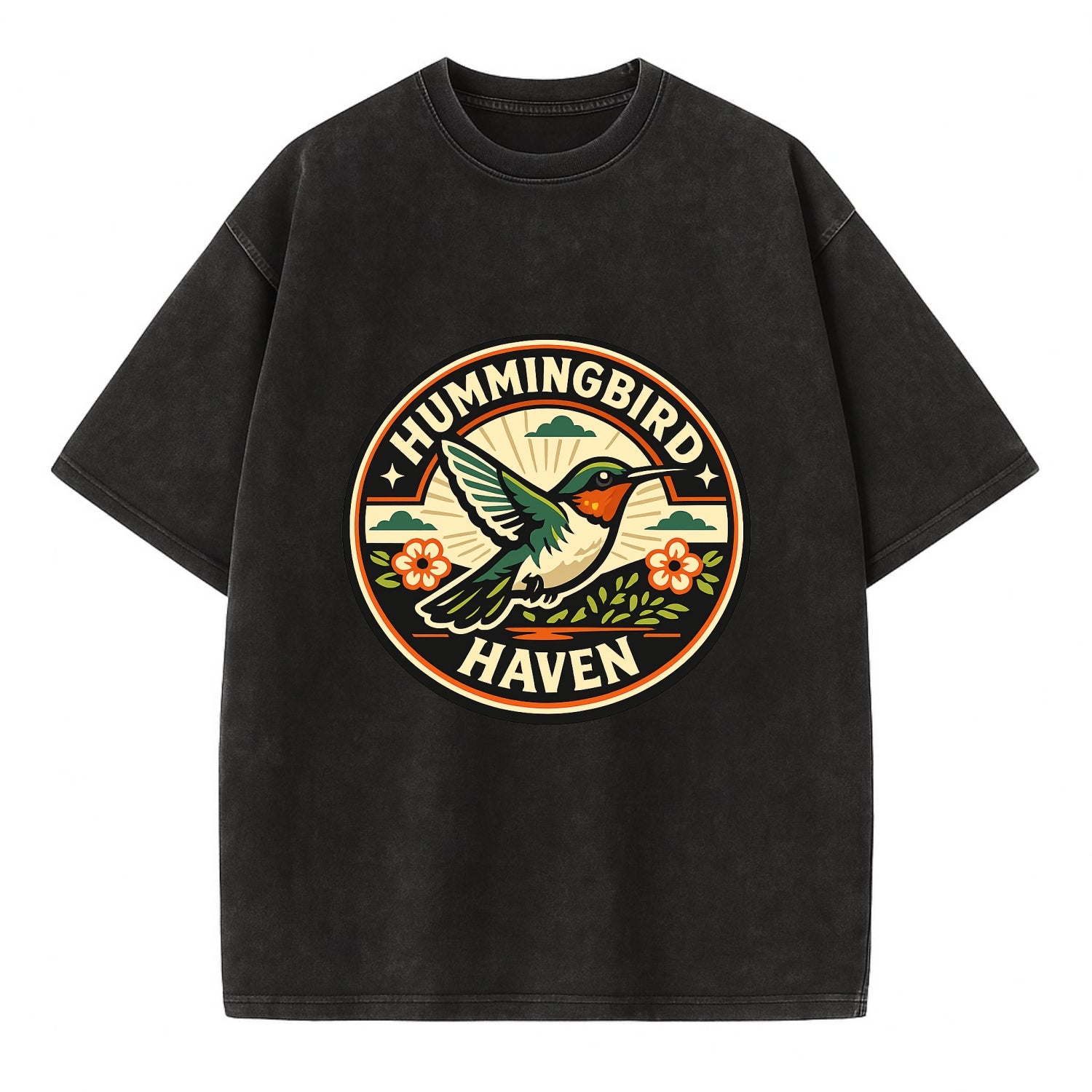 Hummingbird Sanctuary Emblem - Vintage T-shirt - Black