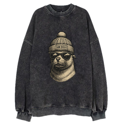 San Diego Sea Lion wearing San Diego beanie with pom pom and wayfarer - Vintage Sweatshirt - Black