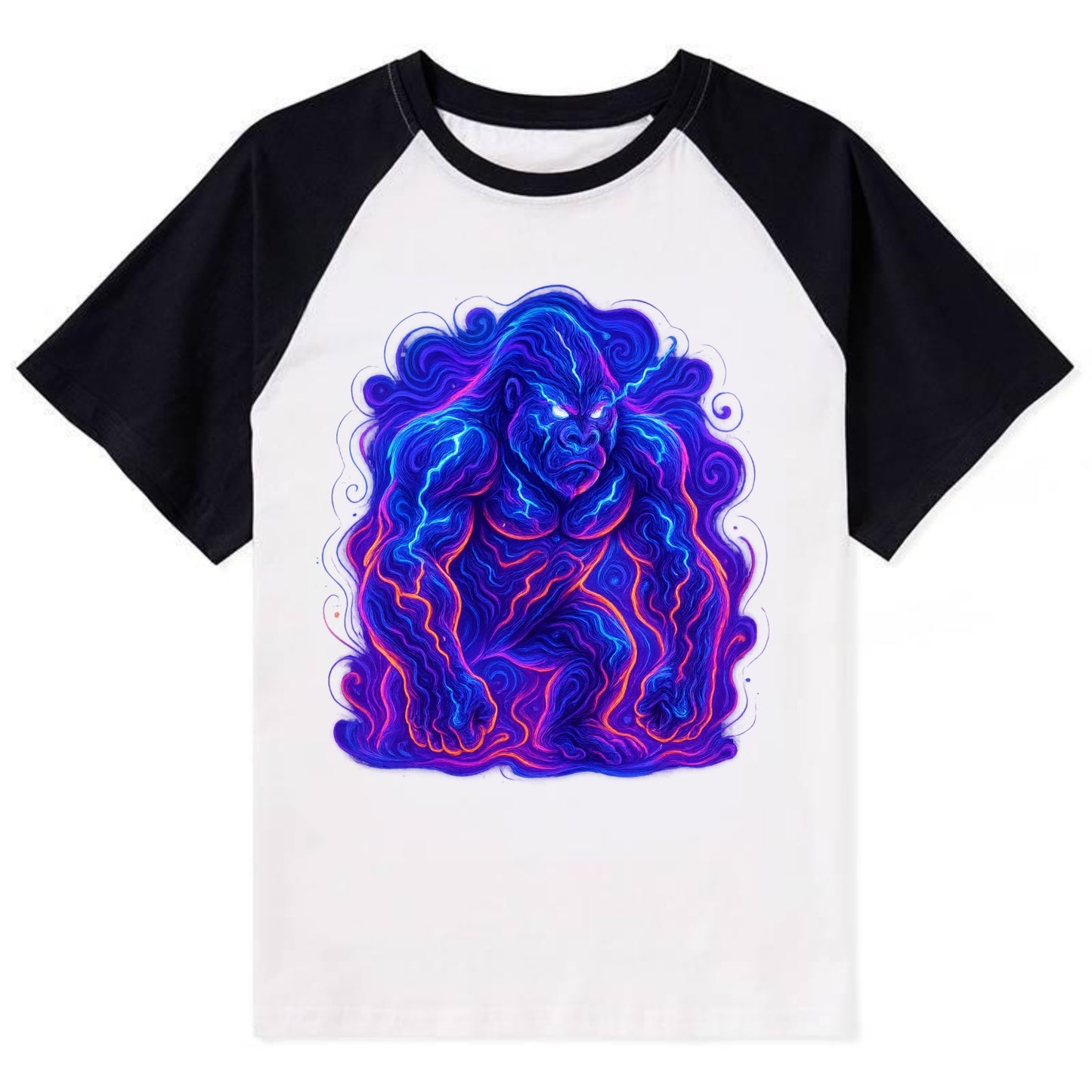 Mighty gorilla with electricity flowing through defined muscles, - Contrast Raglan T-shirt - Black