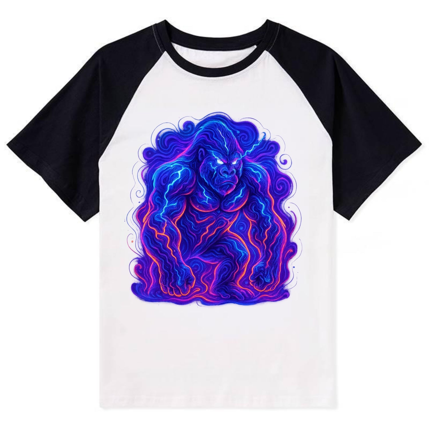 Mighty gorilla with electricity flowing through defined muscles, - Contrast Raglan T-shirt - Black