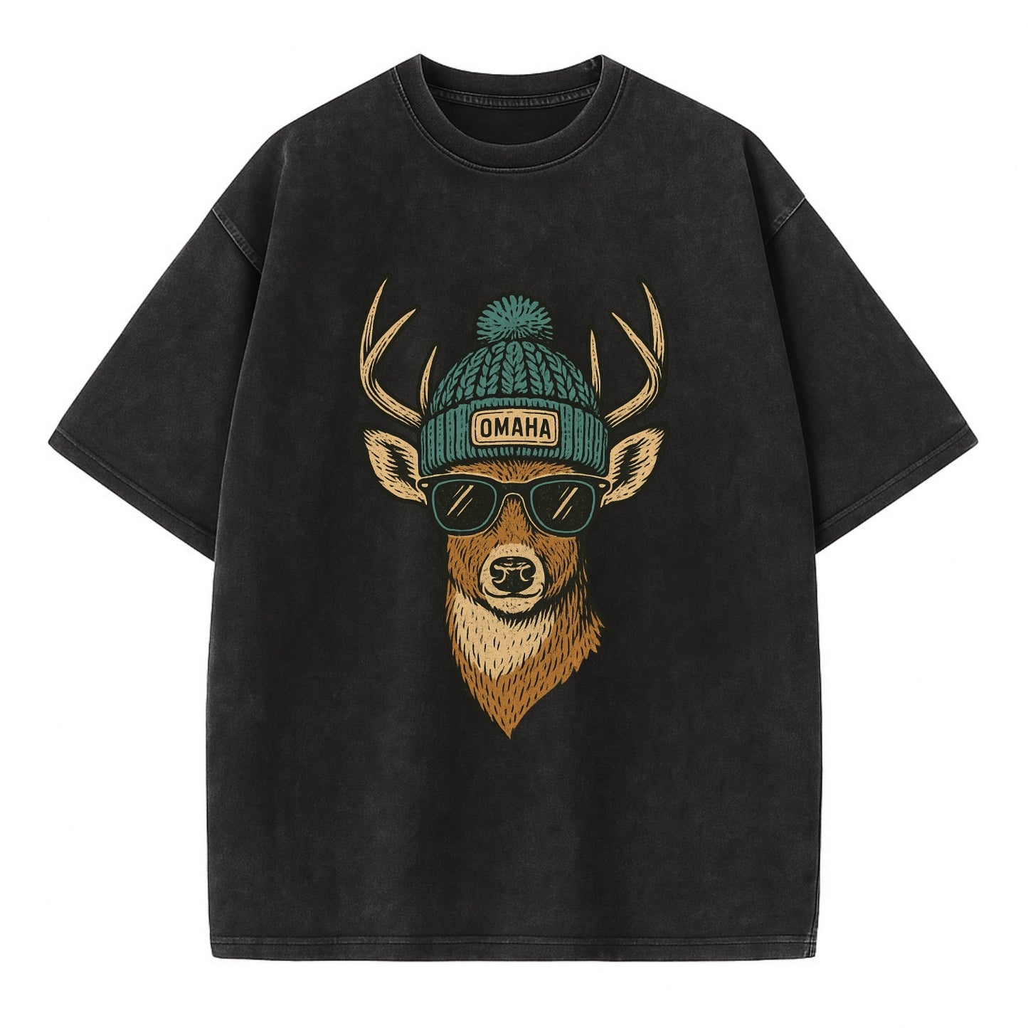 Nebraska White-tailed Deer wearing Omaha beanie with pom pom and wayfarer - Vintage T-shirt - Black