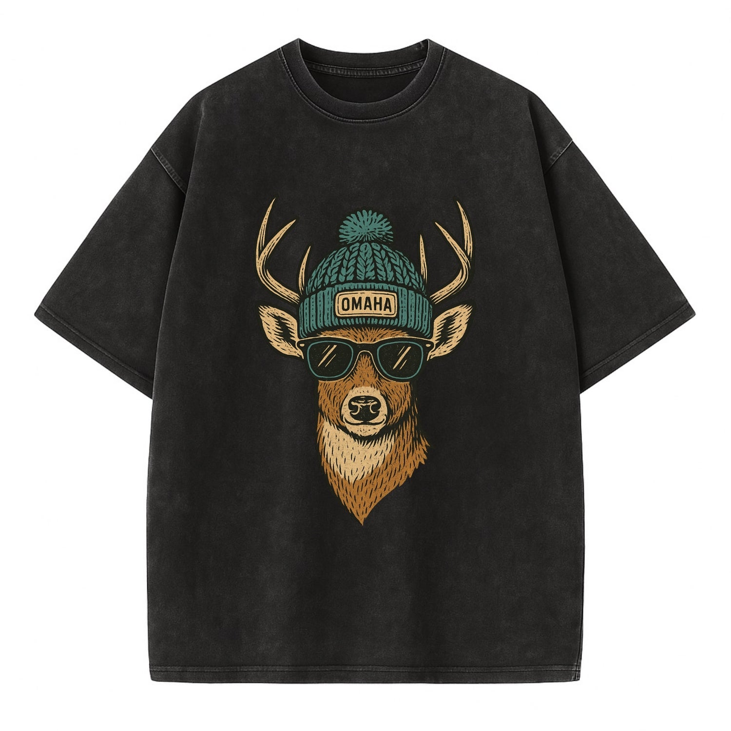 Nebraska White-tailed Deer wearing Omaha beanie with pom pom and wayfarer - Vintage T-shirt - Black