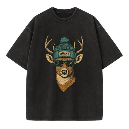 Nebraska White-tailed Deer wearing Omaha beanie with pom pom and wayfarer - Vintage T-shirt - Black