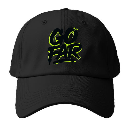 Bold typography design - "GO FAR" - distance goals, pushing limits - Baseball Cap For Big Heads - Black