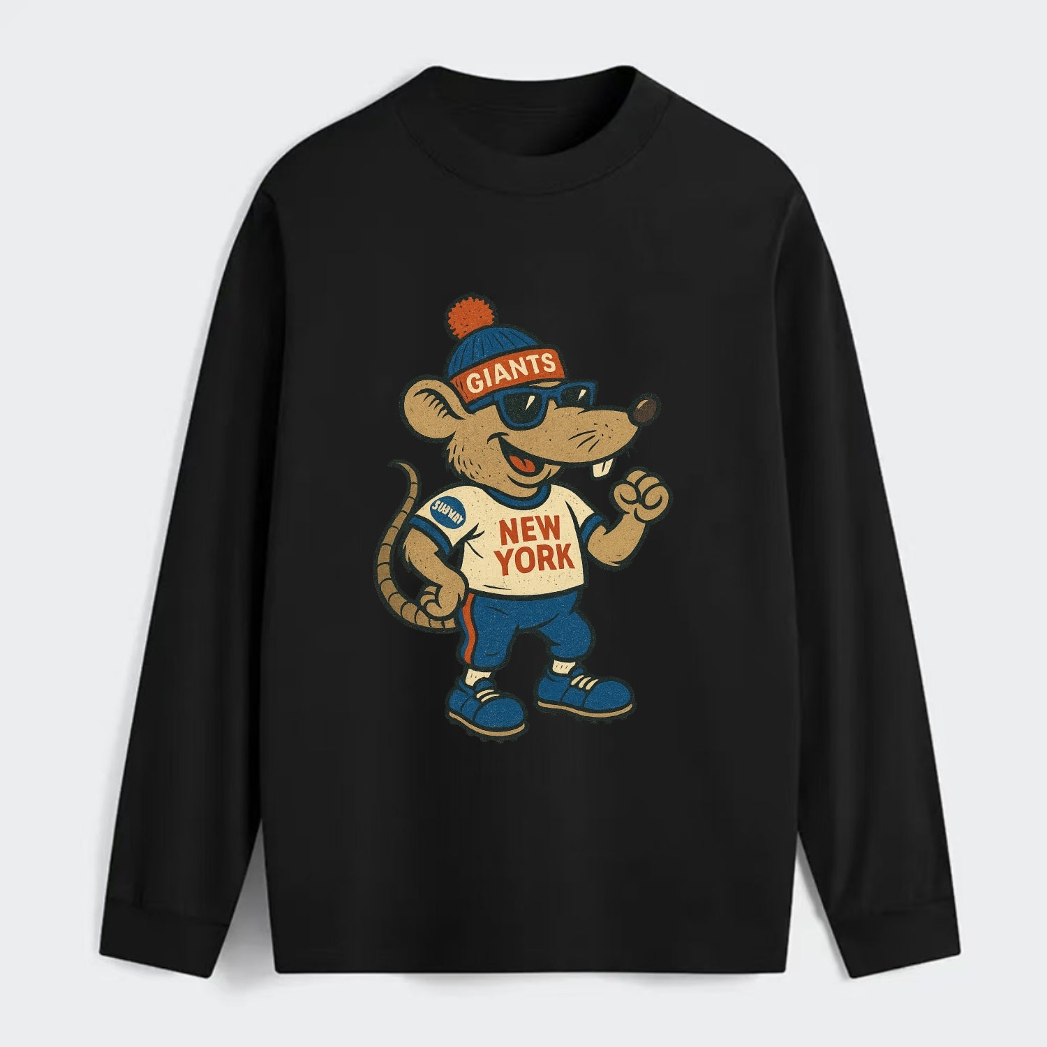 New York Rat wearing Giants beanie with subway patch and wayfarer - Classic Long Sleeve Shirt - Black