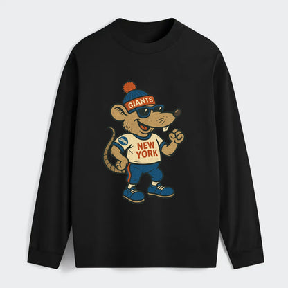 New York Rat wearing Giants beanie with subway patch and wayfarer - Classic Long Sleeve Shirt - Black