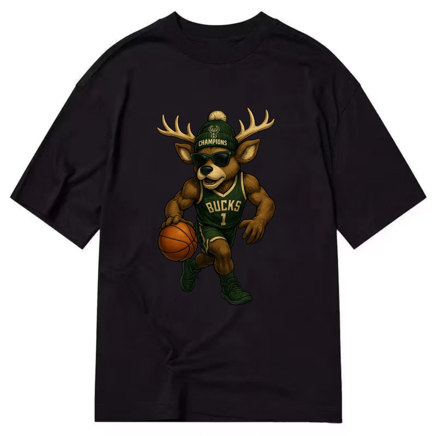 Milwaukee Buck Deer wearing Bucks green and cream beanie with antlers and - Classic T-shirt - Black