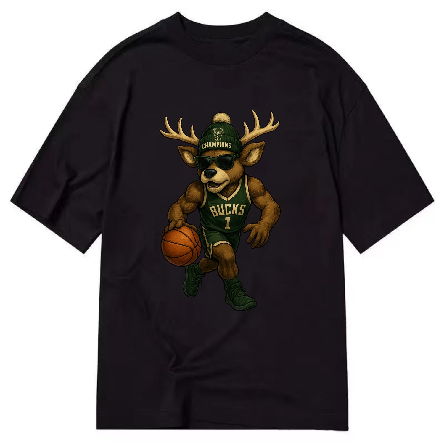 Milwaukee Buck Deer wearing Bucks green and cream beanie with antlers and - Classic T-shirt - Black
