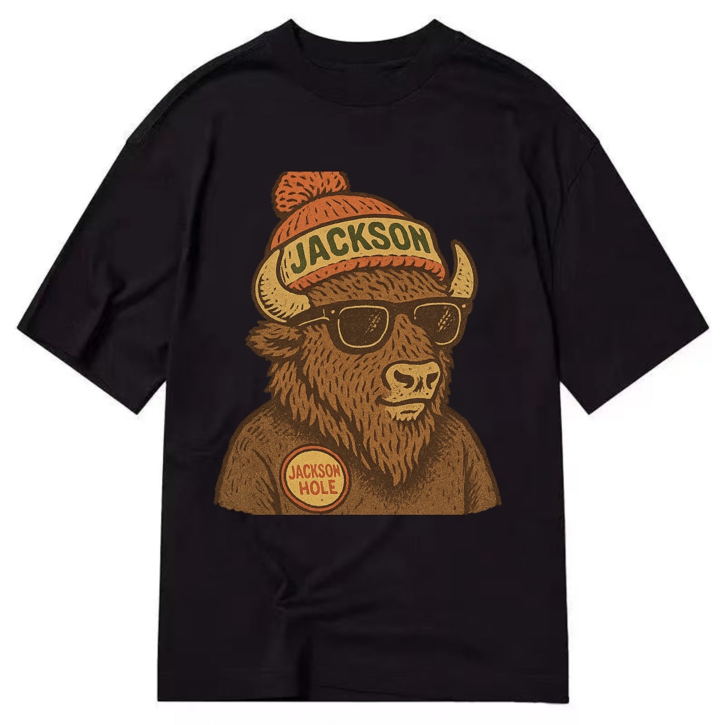 Jackson Hole Bison wearing Jackson beanie with pom pom and wayfarer sunglasses - Classic T-shirt - Black