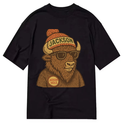 Jackson Hole Bison wearing Jackson beanie with pom pom and wayfarer sunglasses - Classic T-shirt - Black
