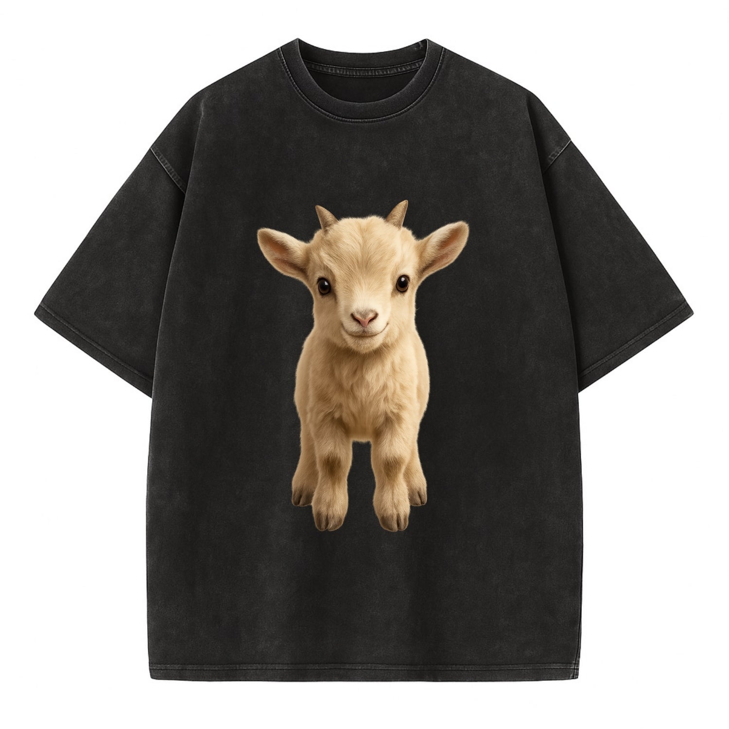 Baby Goat Kid - small horns, rectangular pupils, fluffy, playful eyes, - Vintage T-shirt - Black