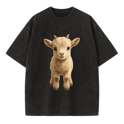 Baby Goat Kid - small horns, rectangular pupils, fluffy, playful eyes, - Vintage T-shirt - Black