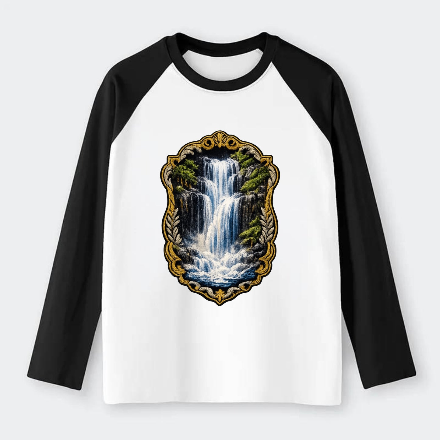 WATERFALL CASCADE - falling water with mist in blue and white , nature - Raglan Long Sleeve T-Shirt - Black
