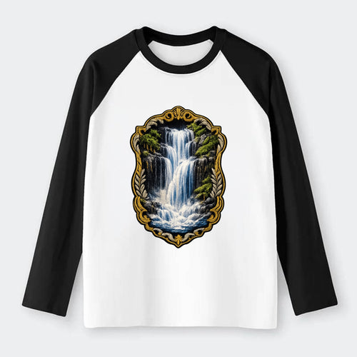 WATERFALL CASCADE - falling water with mist in blue and white , nature - Raglan Long Sleeve T-Shirt