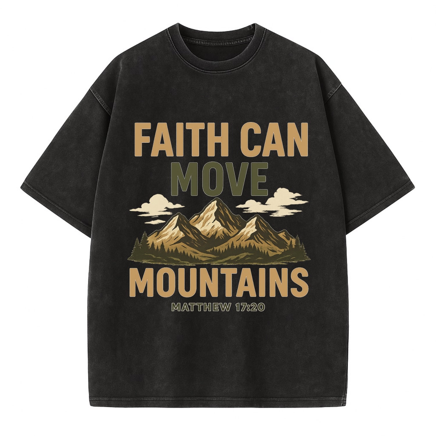 Matthew 17:20 Mountains - Vintage T-shirt - Black