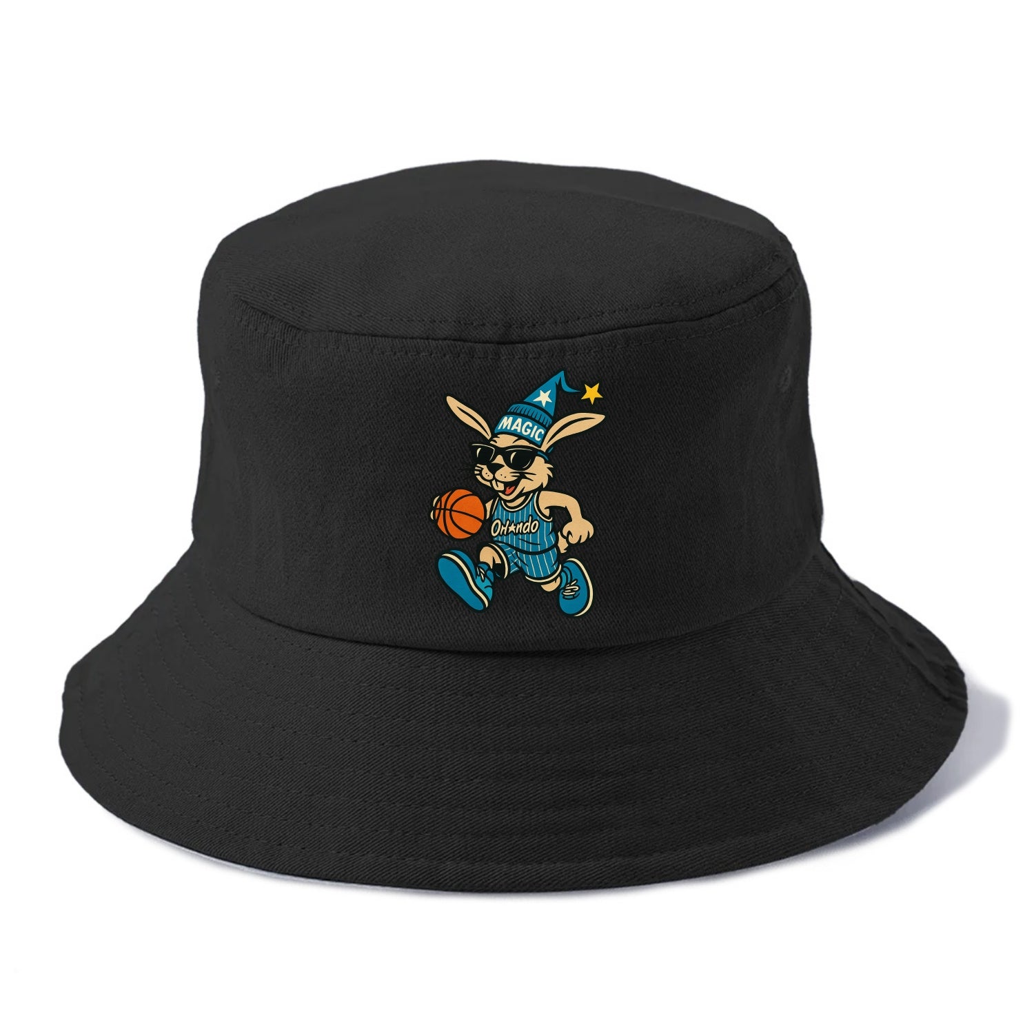 Orlando Rabbit wearing Magic blue and silver beanie with wizard hat and wayfarer - Bucket Hat - Black