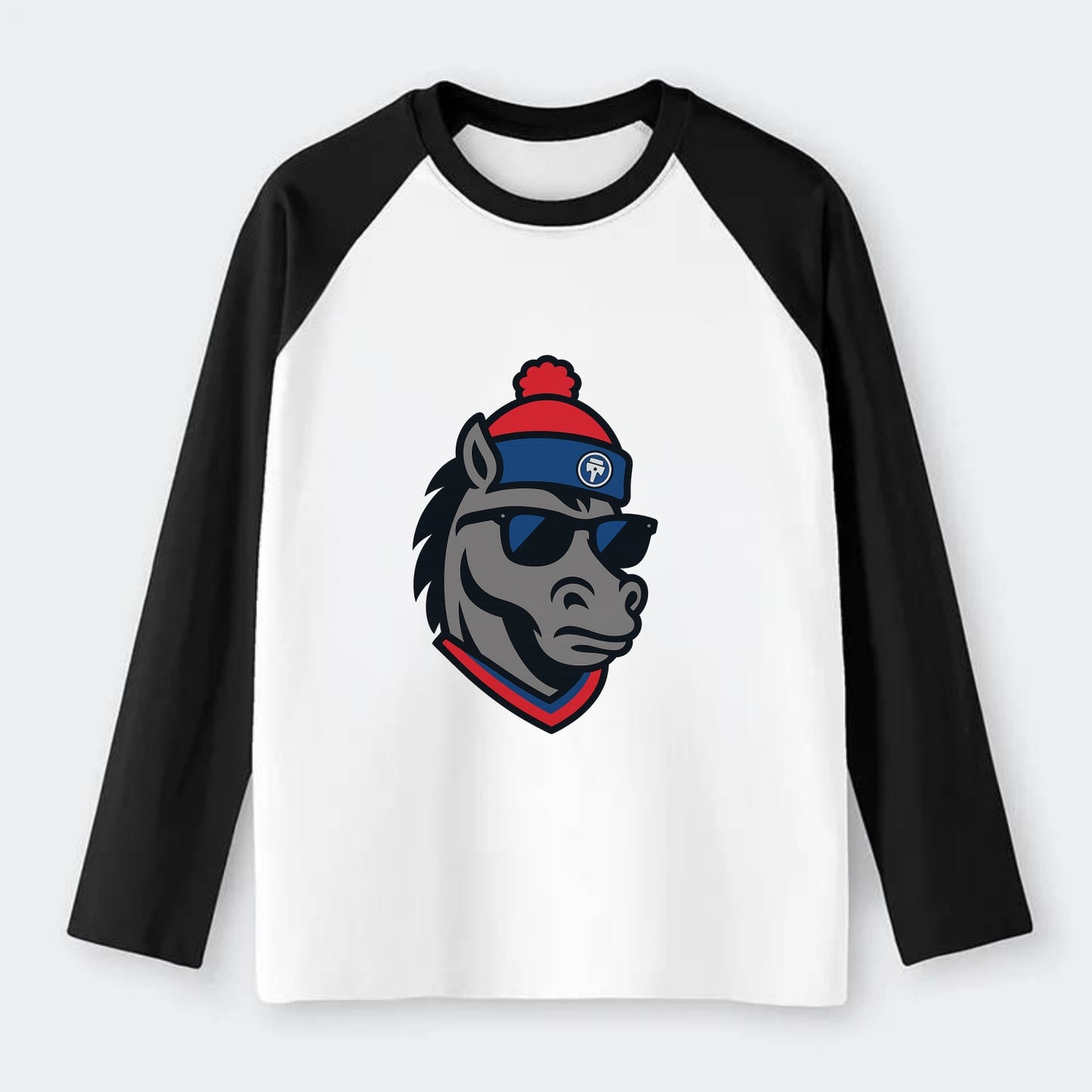 Detroit Stallion wearing Pistons red and blue beanie with piston patch - Raglan Long Sleeve T-Shirt - Black