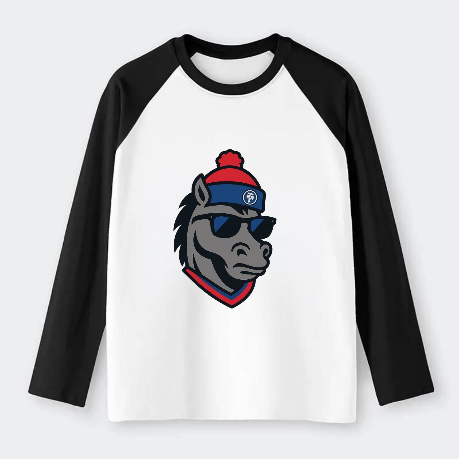 Detroit Stallion wearing Pistons red and blue beanie with piston patch - Raglan Long Sleeve T-Shirt - Black