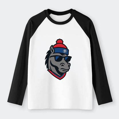 Detroit Stallion wearing Pistons red and blue beanie with piston patch - Raglan Long Sleeve T-Shirt - Black