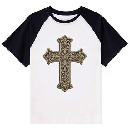 Filigree Cross  - Contrast Raglan T-shirt - Black