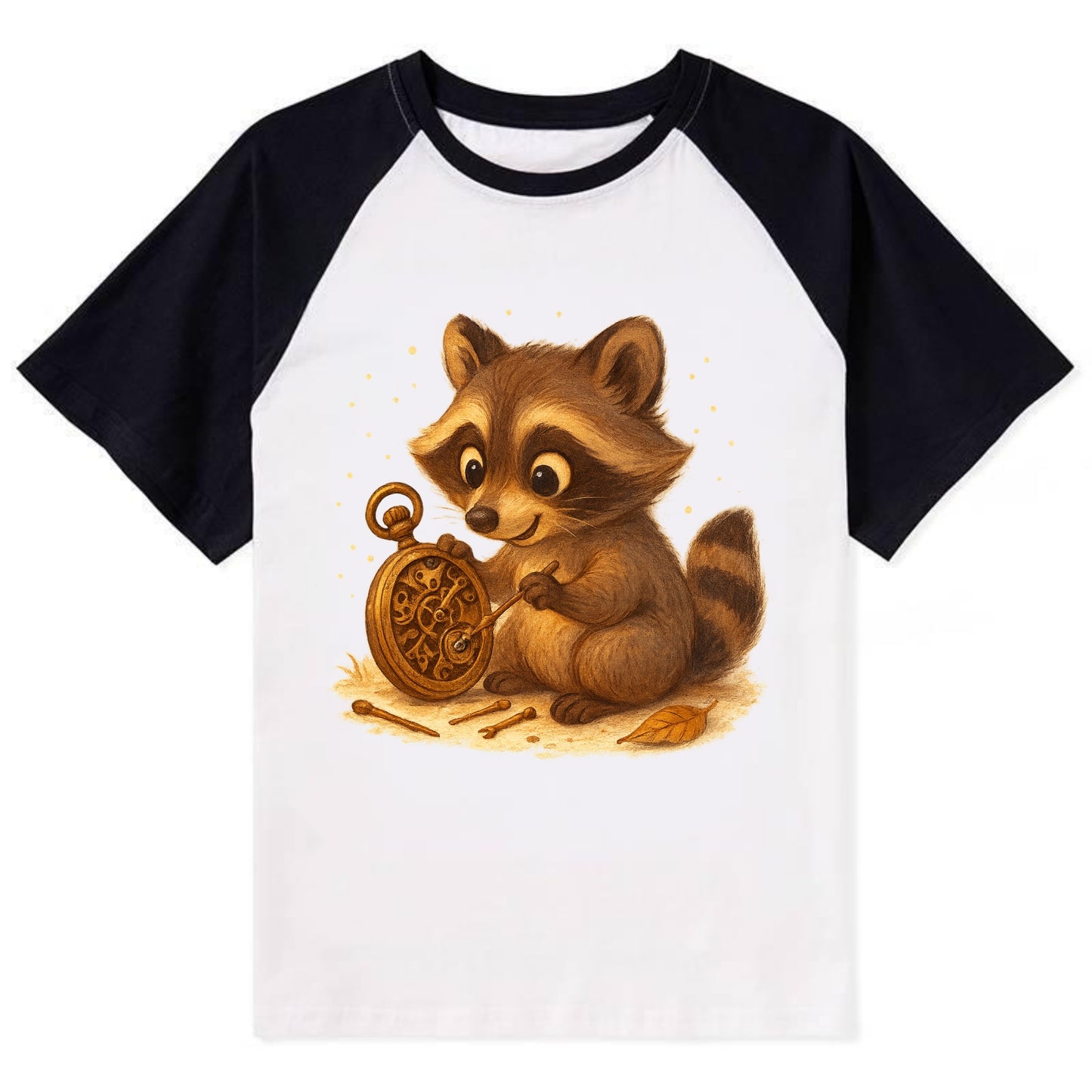Raccoon tinkering with a steampunk pocket watch using tiny brass tools - Contrast Raglan T-shirt - Black