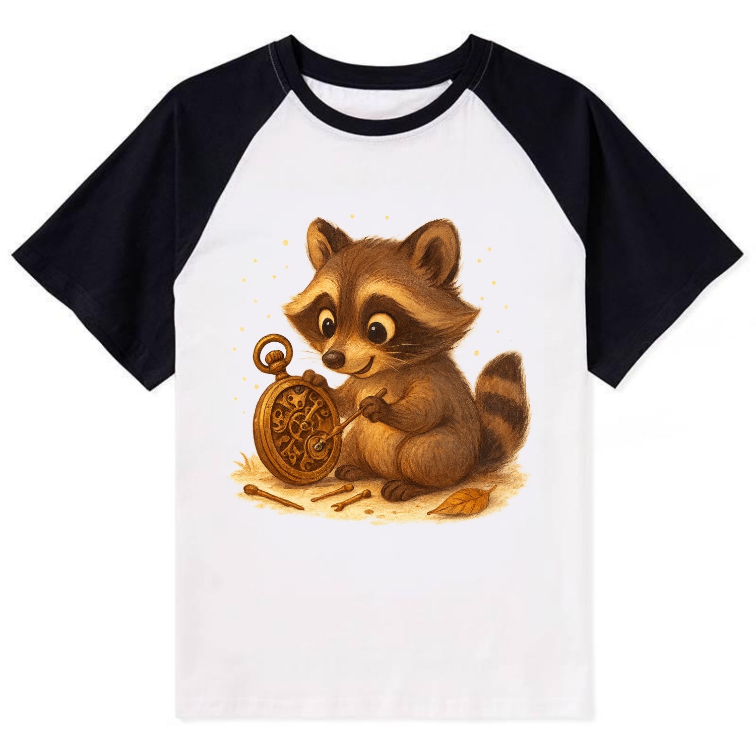 Raccoon tinkering with a steampunk pocket watch using tiny brass tools - Contrast Raglan T-shirt - Black