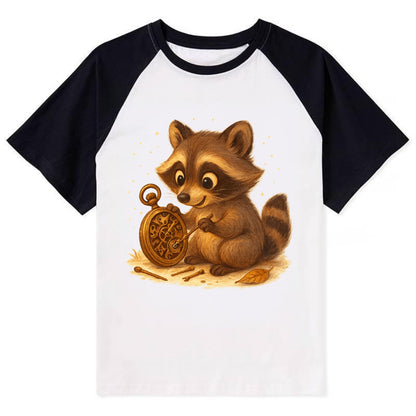 Raccoon tinkering with a steampunk pocket watch using tiny brass tools - Contrast Raglan T-shirt - Black