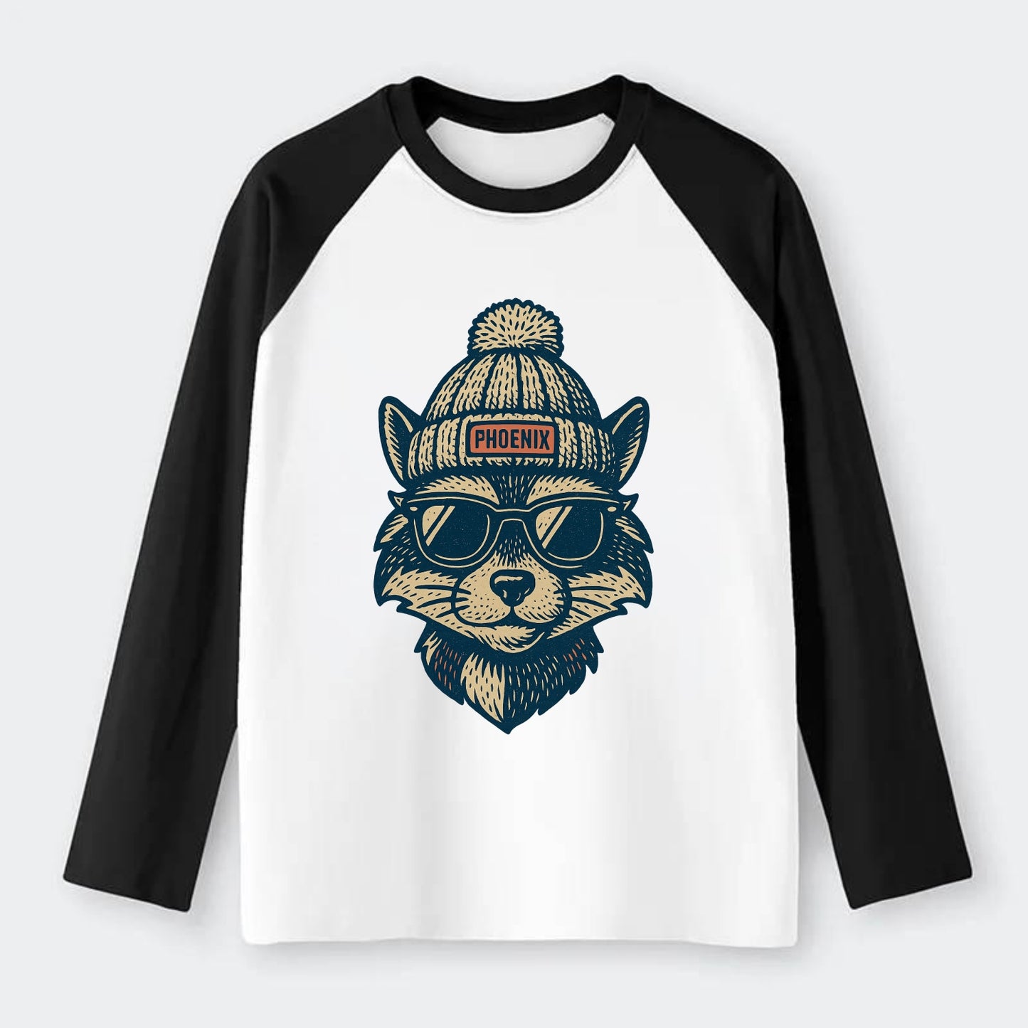 Arizona Ringtail wearing Phoenix beanie with pom pom and wayfarer - Raglan Long Sleeve T-Shirt - Black