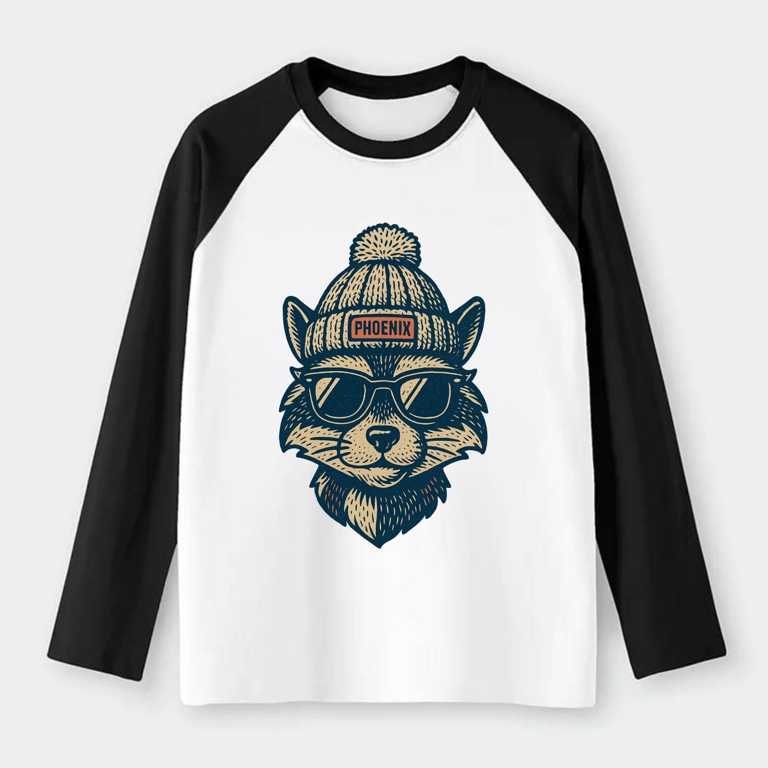 Arizona Ringtail wearing Phoenix beanie with pom pom and wayfarer - Raglan Long Sleeve T-Shirt - Black
