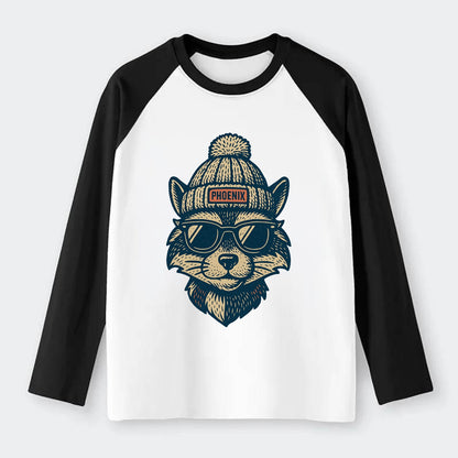 Arizona Ringtail wearing Phoenix beanie with pom pom and wayfarer - Raglan Long Sleeve T-Shirt - Black