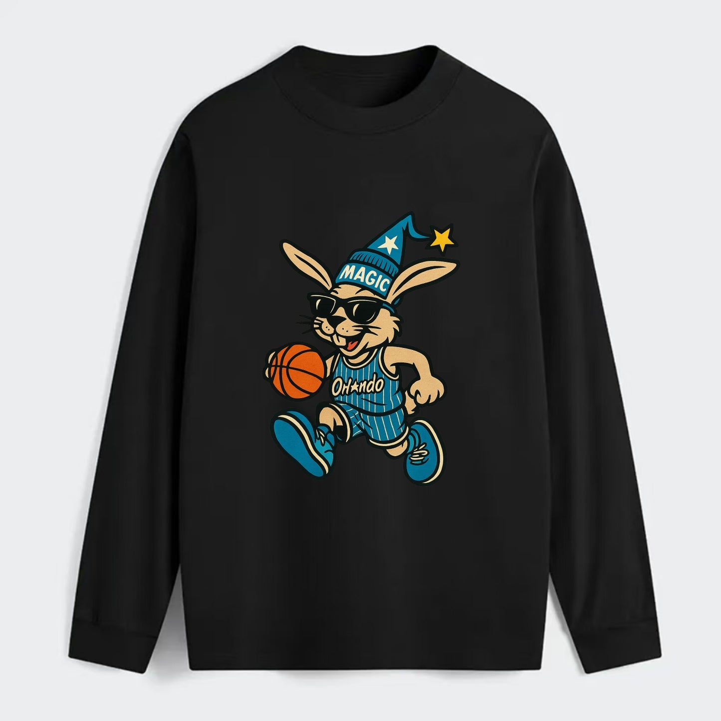 Orlando Rabbit wearing Magic blue and silver beanie with wizard hat and - Classic Long Sleeve Shirt - Black