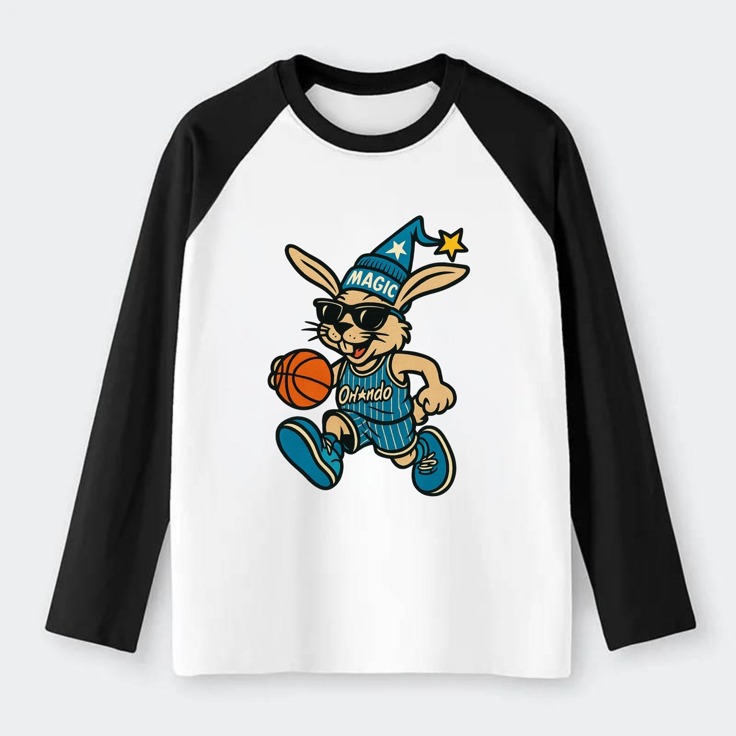 Orlando Rabbit wearing Magic blue and silver beanie with wizard hat - Raglan Long Sleeve T-Shirt - Black
