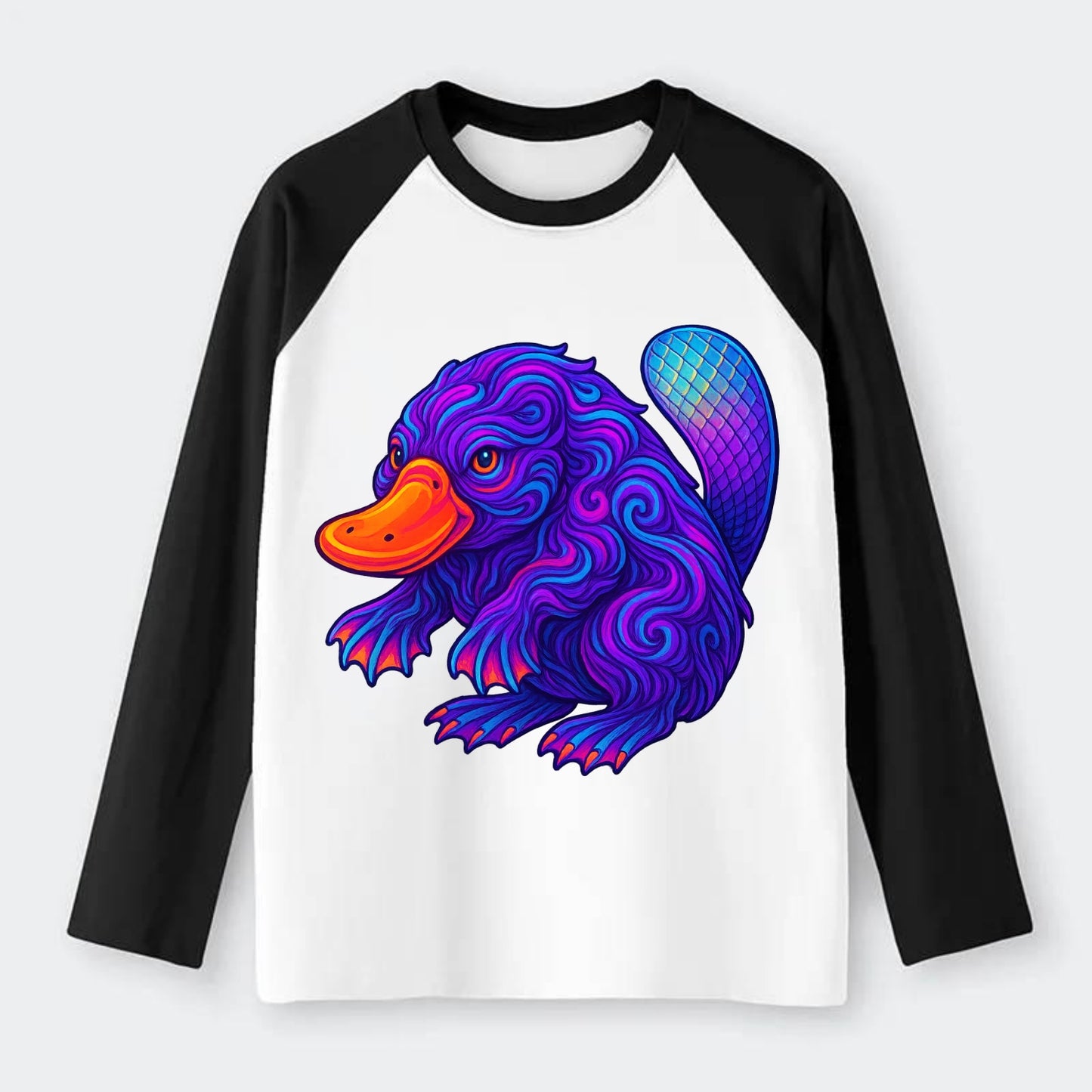 Quirky platypus with bill glowing in neon orange, beaver tail with - Raglan Long Sleeve T-Shirt - Black