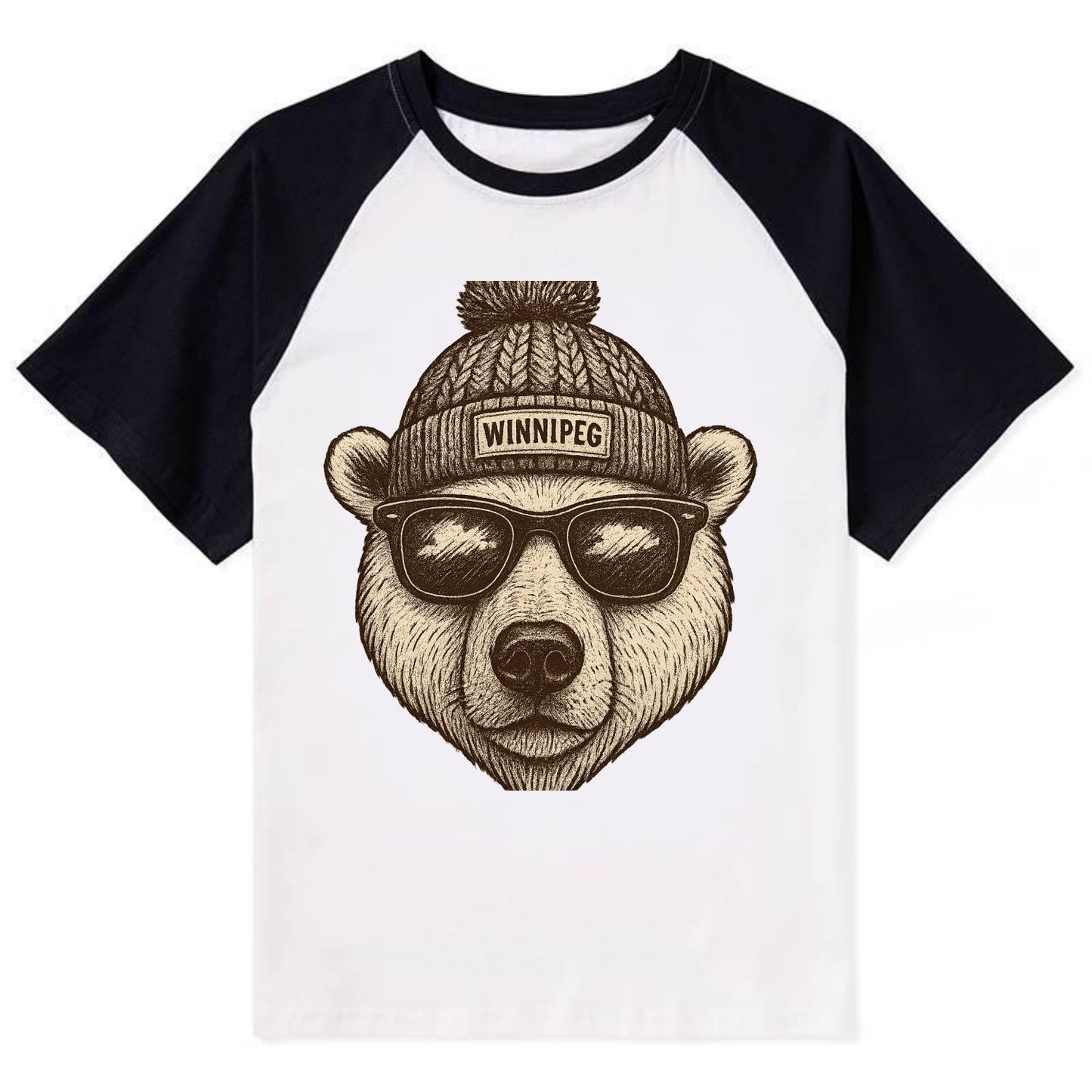 Winnipeg Polar Bear wearing Winnipeg beanie with pom pom and wayfarer - Contrast Raglan T-shirt - Black