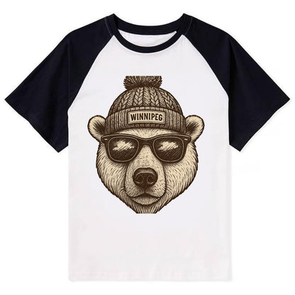 Winnipeg Polar Bear wearing Winnipeg beanie with pom pom and wayfarer - Contrast Raglan T-shirt - Black