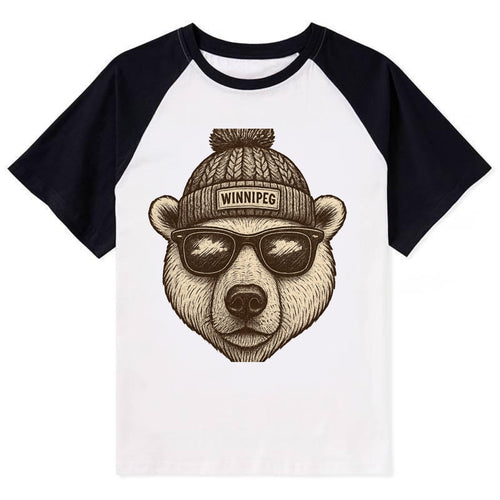 Winnipeg Polar Bear wearing Winnipeg beanie with pom pom and wayfarer - Contrast Raglan T-shirt