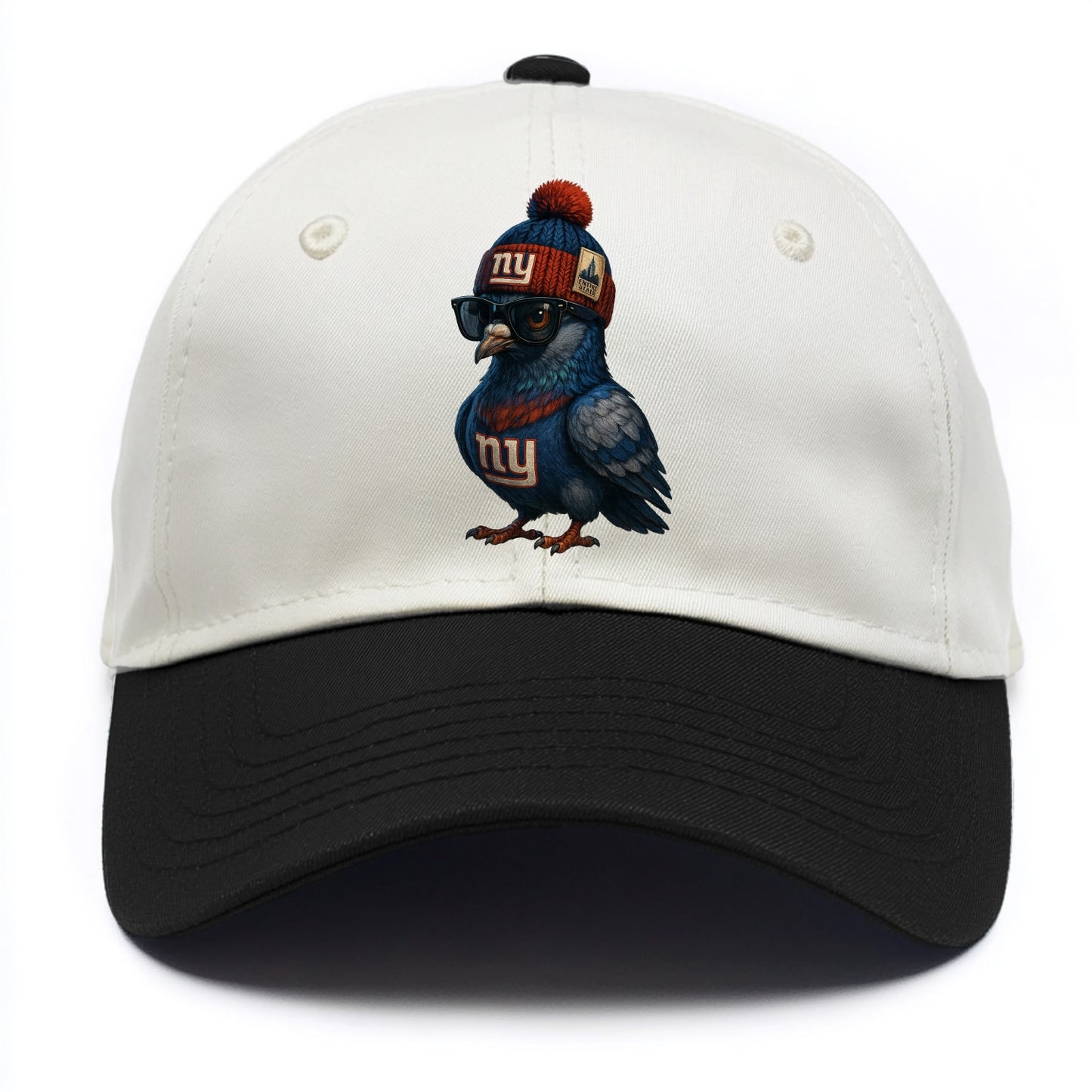 Manhattan Pigeon wearing Giants beanie with Empire State patch and wayfarer - Two Tone Cap - Black